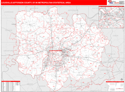 Louisville-Jefferson County Metro Area Wall Map Red Line Style 2024